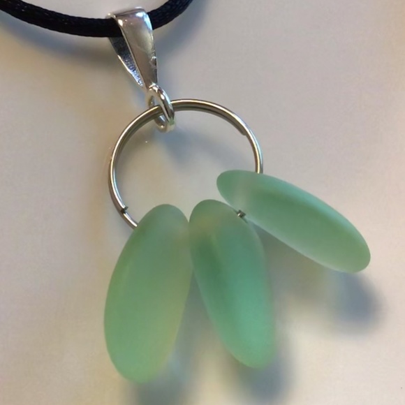 ARTISAN Sea Green Beach Glass Sterling Bail Necklace on Black Satin Cord - Picture 4 of 5